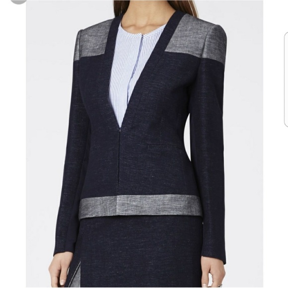 BCBGMaxAzria Blue and Gray Color-Block Linen Cotton Blazer S - Picture 1 of 14
